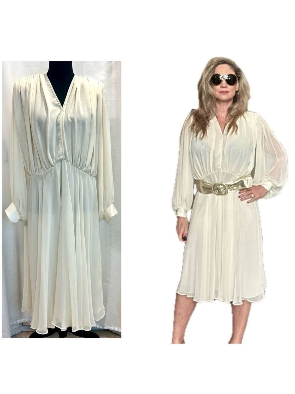 Vintage ivory white chiffon pleated elegant V-neck midi dress fit and flare 6